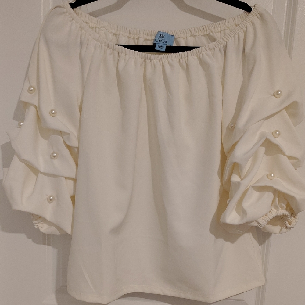 CeCe Cream Off-Shoulder Blouse with Pearl Accents